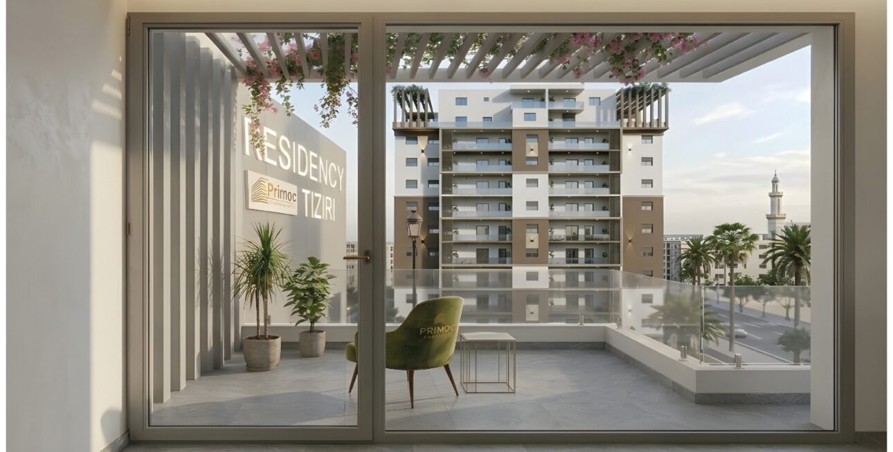Terrasse lumineuse avec vue sur la résidence Tiziri